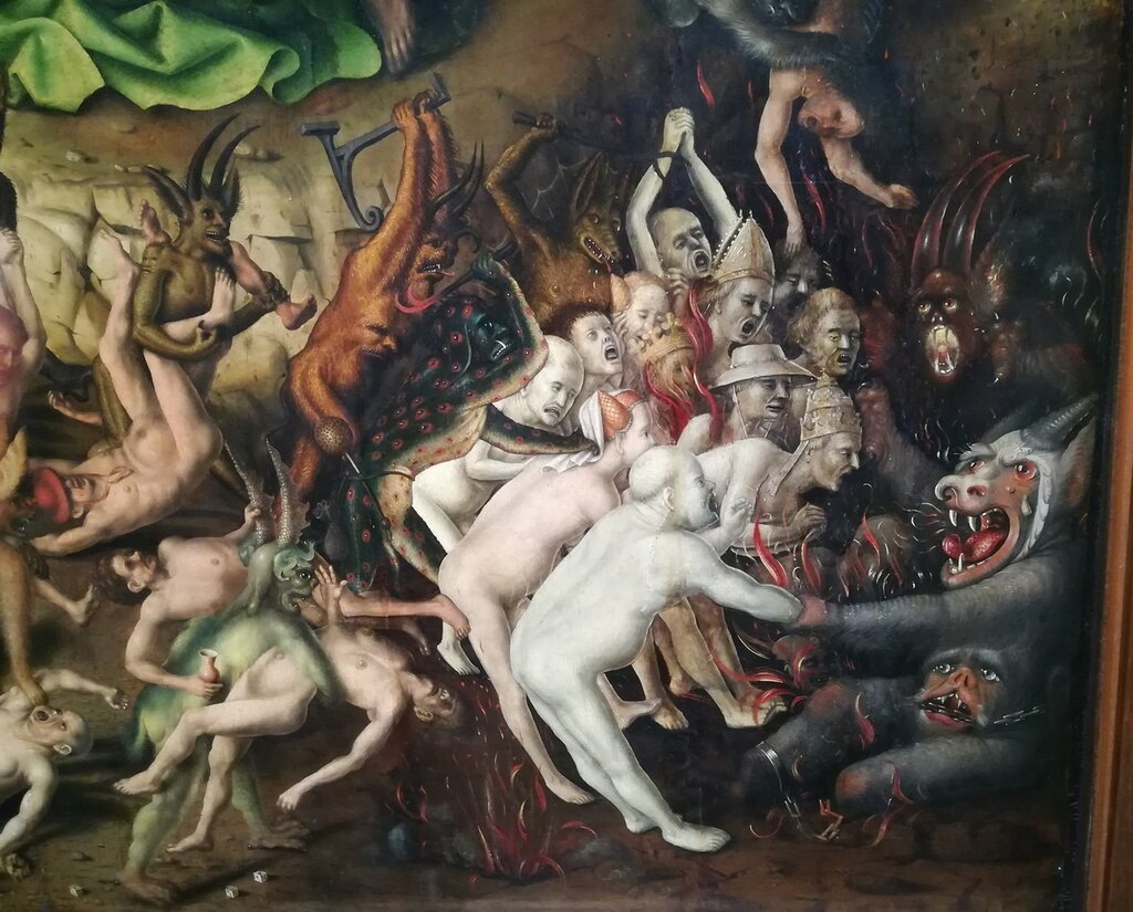 Жутковатая средневековая живопись. Фрагмент триптиха "Страшный суд. Ловушки демонов." Из описания:" Демоны обманом и посулами заманивают в адскую ловушку почтенных обывателей, чтобы превратить их грешников." Художник Стефан Лохнер-старший (Stephan Lochner). Ок. 1435. Источник - pinterest.com