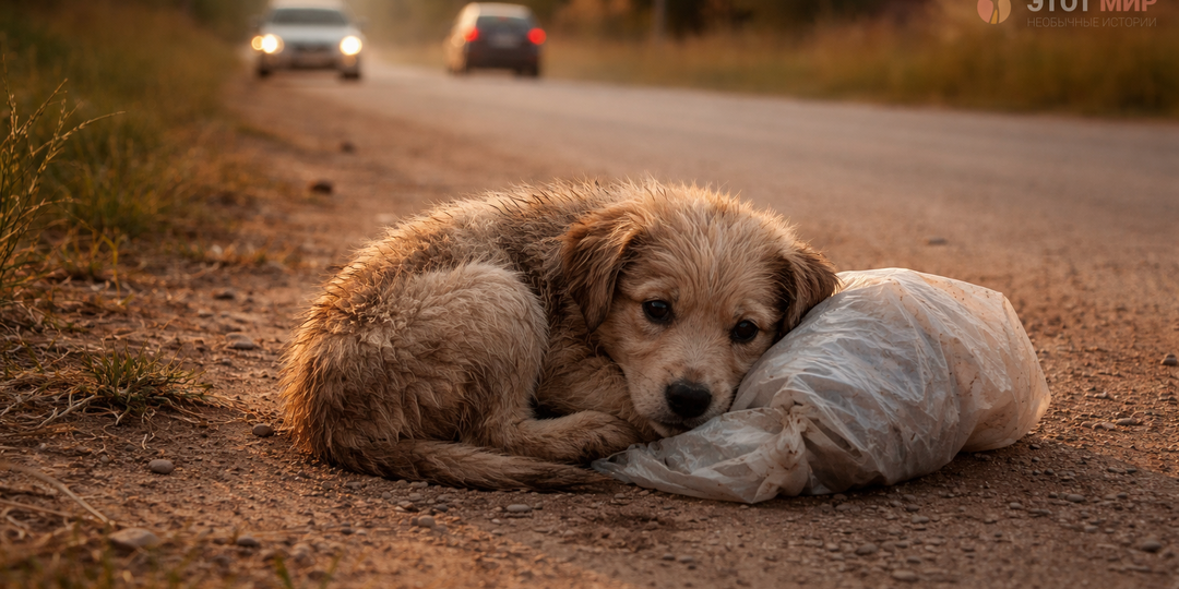 Щенок на обочине дороги держал в зубах пакет. Никто не останавливался… Пока не приехал он