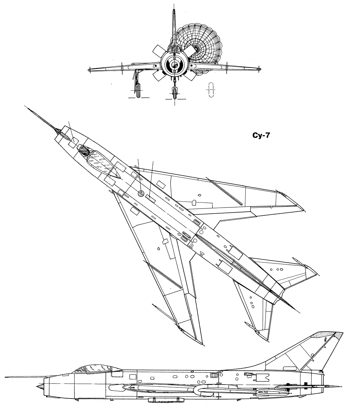 Схематичное изображение Су-7 в трех проекциях.
