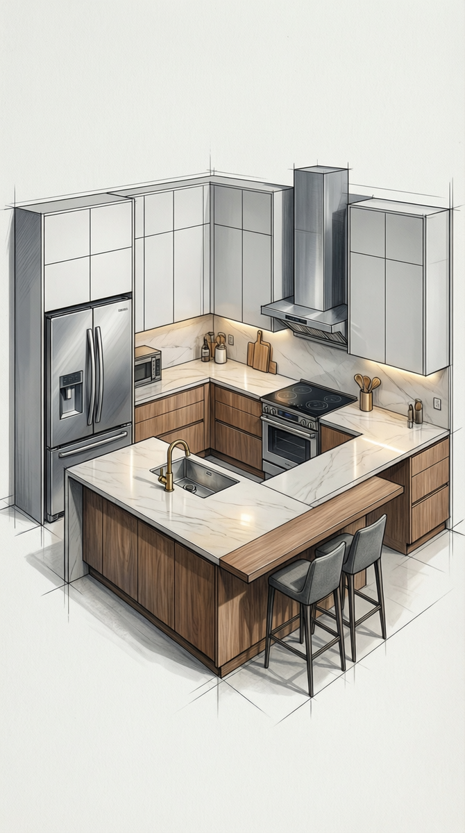 G-образная кухня (с барной стойкой или островом)