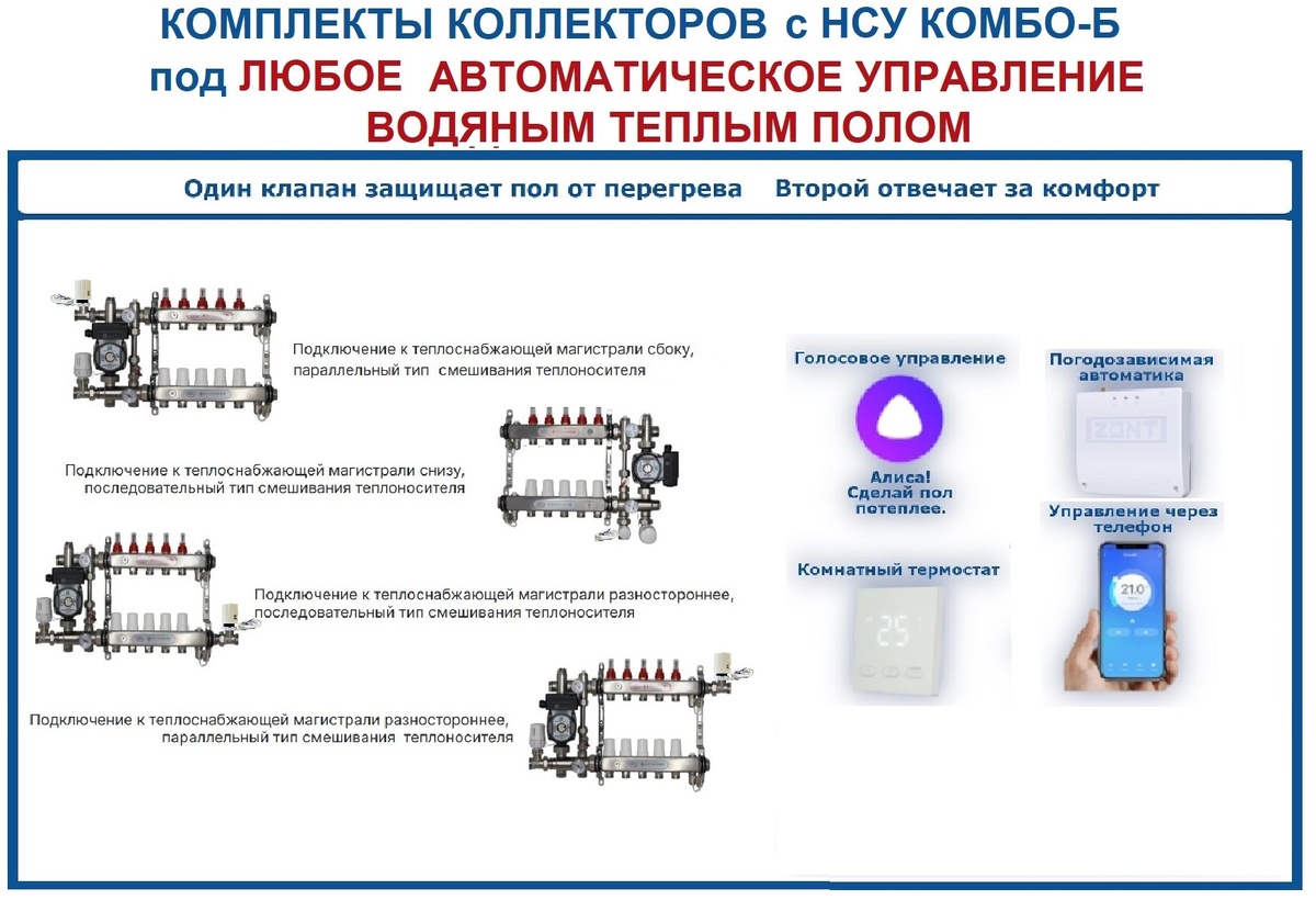 Комплекты коллекторов для обвязки водяного теплого пола со смесительным узлом под любое Автоматическое управление