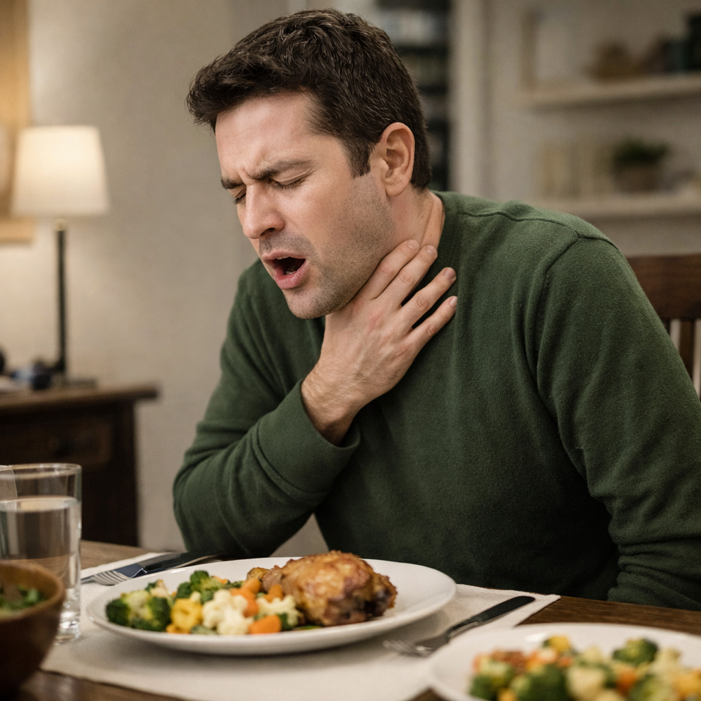 Человек кашляет держась за горло за обеденным столом