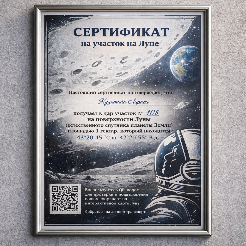 Современный сертификат на лунный участок с QR-кодом