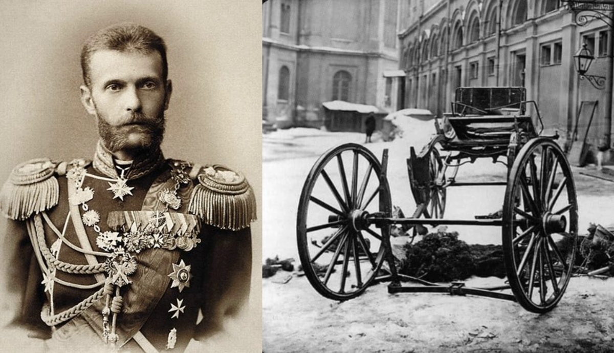 фото коллаж великий князь Сергей Александрович Романов и разрванная взрывом карета