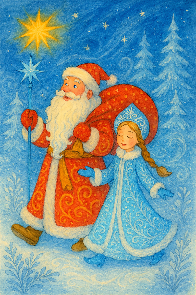 Говорят, что в ночь на 30 января Дед Мороз совершает свой последний большой обход зимы. Он проверяет, не скучает ли снег, не устали ли метели, не замёрзли ли звёзды на небе. А Снегурочка идёт рядом — лёгкая, как иней на ветках, и тихо напевает свои морозные песни, чтобы зима оставалась доброй.