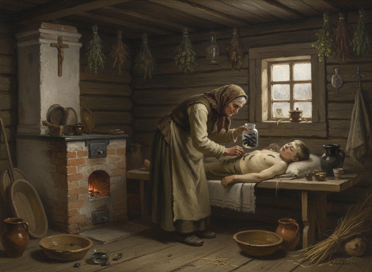 Бабка-знахарка крестит мальчика и прикладывает к его телу пиявки