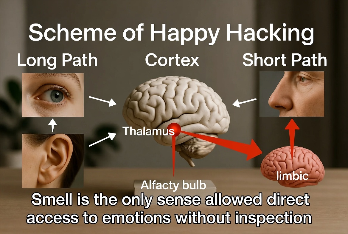  «Схема счастливого взлома». Два пути: 1. Длинный: Глаз/Ухо → Таламус → Кора (анализ) → Эмоция. 2. Нос → Обонятельная луковица → Прямая  в Лимбическую систему (Амигдала/Гиппокамп) → Мгновенная эмоция и память. «Обоняние — единственное чувство, которому разрешён пропуск в эмоции без досмотра».
Наглядная схема того, почему запах — самое быстрое оружие против тревоги. Пока другие сигналы идут на «таможенный досмотр» в кору, аромат проходит по красной ковровой дорожке прямиком в штаб эмоций.