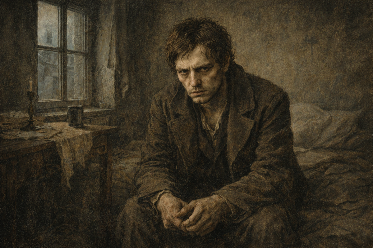 Родион Раскольников в тесной петербургской комнате.