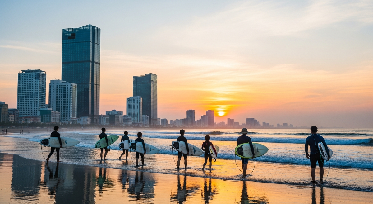 Сёрфинг на пляже Ми Кхе, Дананг, Вьетнам.