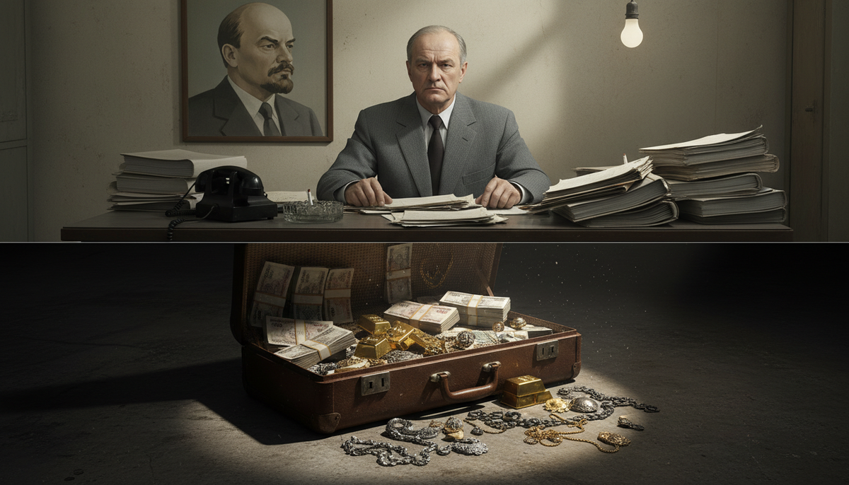 Советский директор завода с чемоданом денег под столом