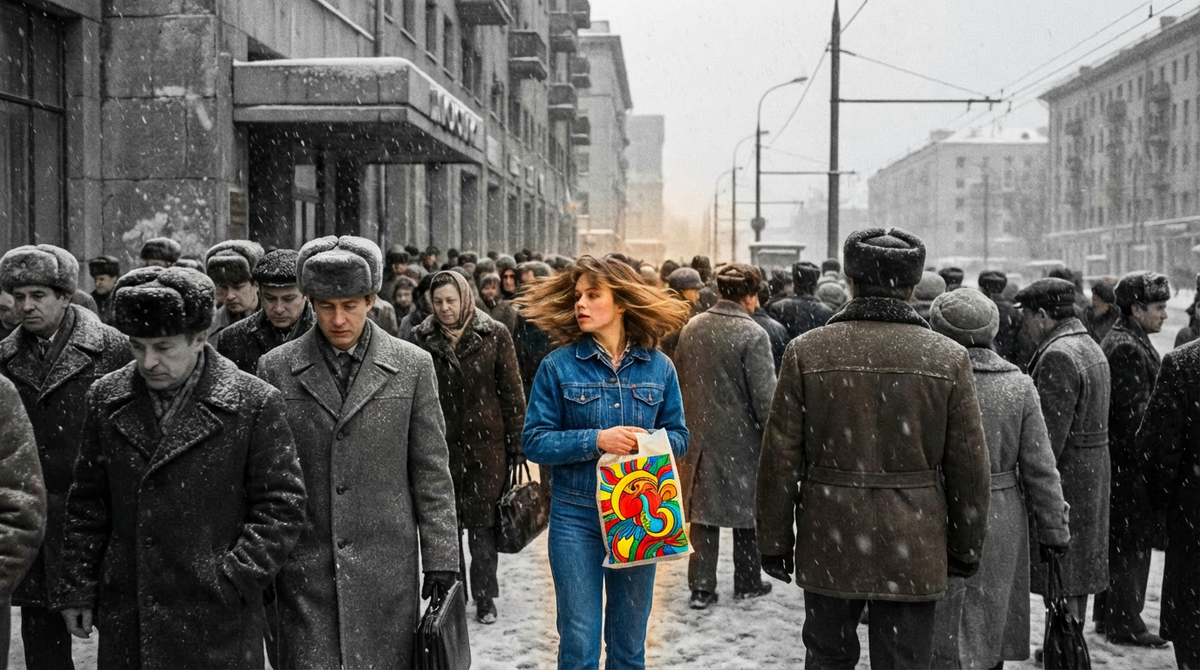 Модная девушка с дефицитным пакетом на фоне серой советской улицы