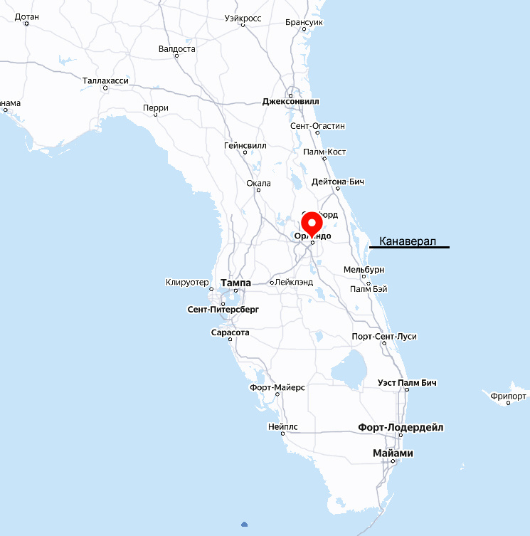 Город Орландо и космодром Канаверал на полуостров Флорида