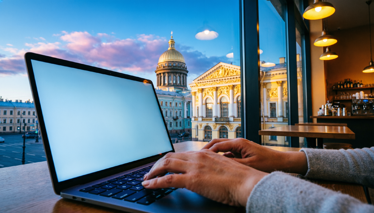 Вечерний Питер из окна кофейни