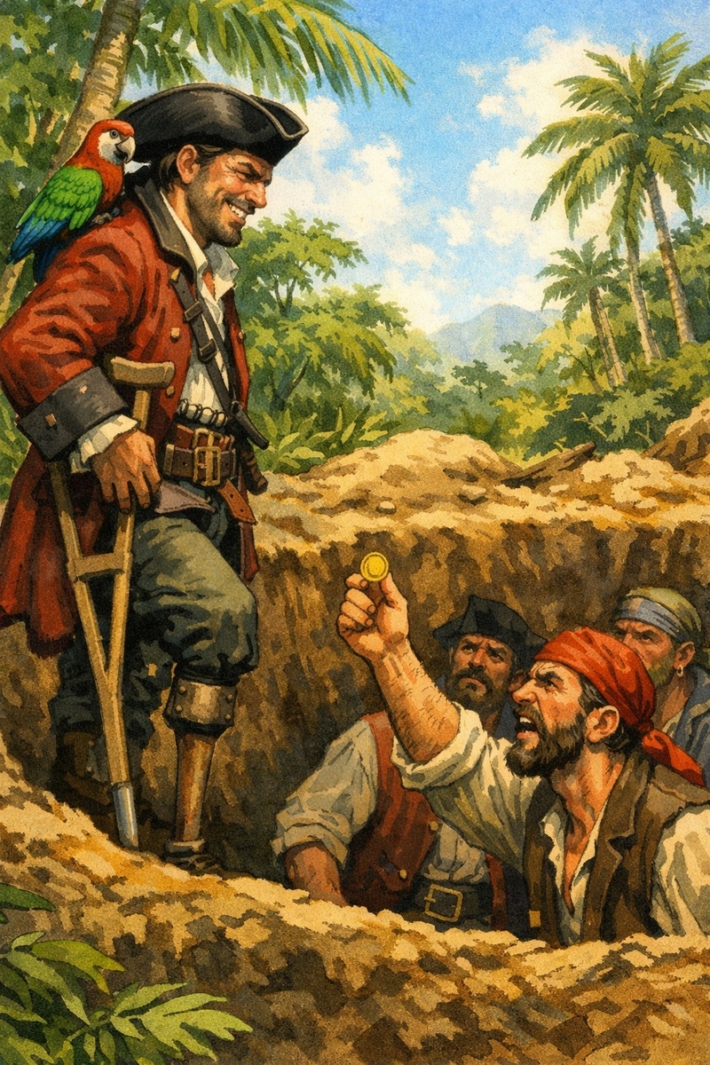 На первой картинке ухмыляющийся Сильвер нарисован только по промпту, а на второй я попробовал нарисовать его на основе референсу кадра из экранизации 1982 г., где его играл Олег Борисов. Но нейронка, по-моему, преобразовала его до неузнаваемости. И если костюм и попугай соответствуют образцу, то лицо получилось, по-моему, больше похожее на Лиама Нисона. А еще этот Сильвер получился не только одноногий, но и четырехпалый (внимание на его руку на костыле).