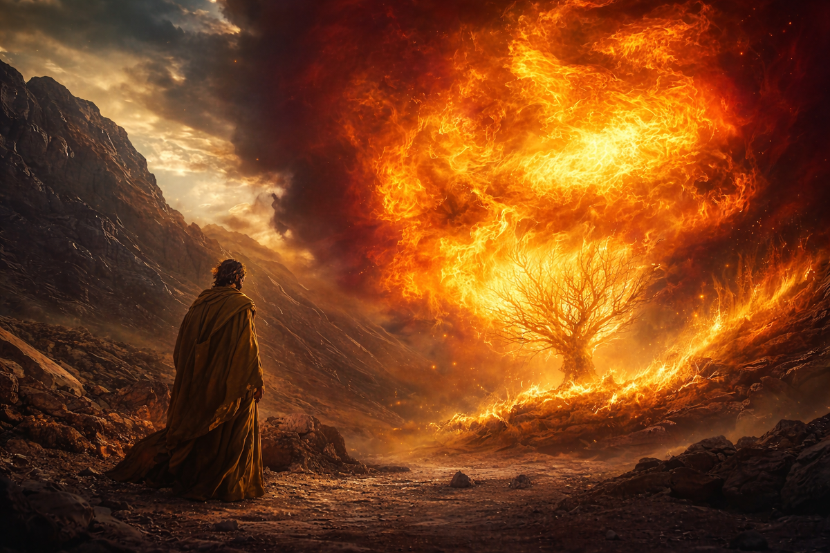 Момент Божественного возмездия и очищающего огня. Одинокая фигура стоит перед древним деревом, охваченным священным пламенем, символизирующим кармическую расплату, очищение и неизбежность Небесной Справедливости.