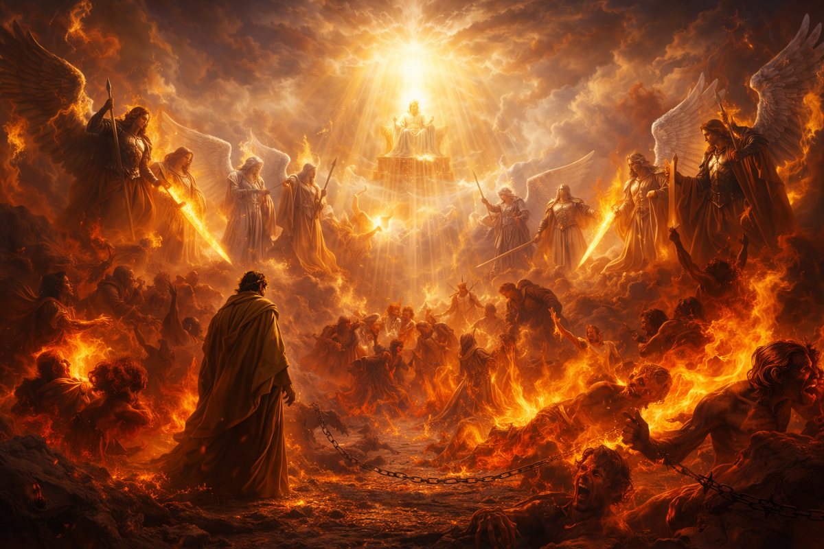 Небесный Суд в момент вынесения приговора. Ангелы и Святые исполняют Божественную волю, низвергая силы тьмы. Свет Божественной Справедливости освещает всё, и ни одно зло не остаётся без воздаяния.