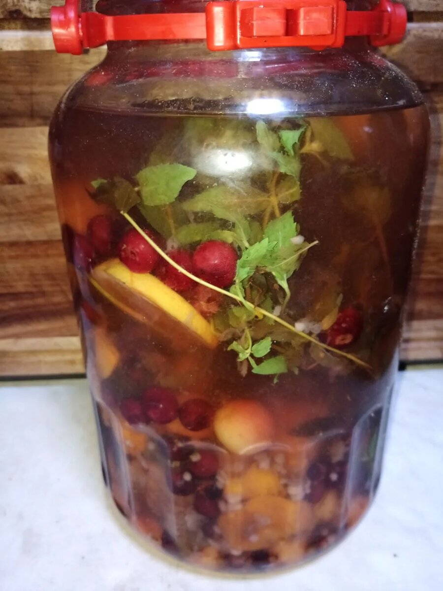 Абрикосы или персики. Алыча красная и желтая. Красная смородина. Лимон. Мята. Сахар или мед по вкусу.