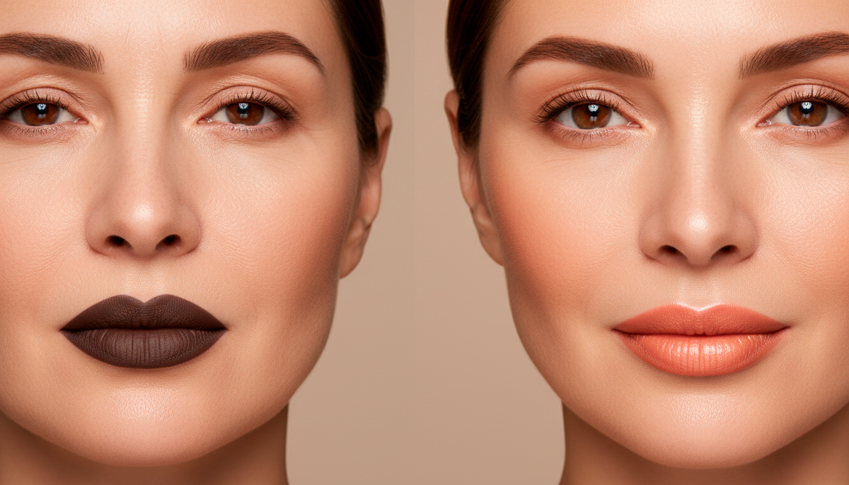 Слева: тёмно-коричневая матовая помада, которая старит. Справа: тёплый персиковый оттенок с лёгким блеском. Разница в 10 лет и это только помада.