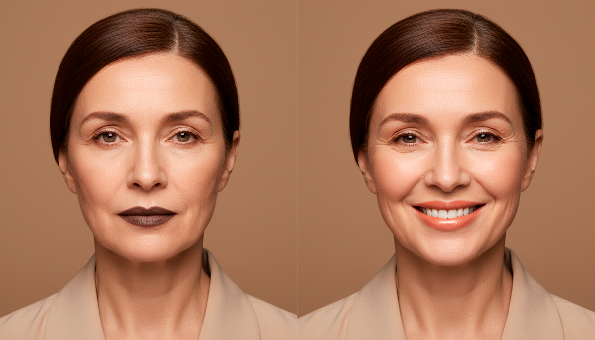 Моя клиентка Наталья до и после смены помады. Слева: тёмно-коричневая матовая, справа: тёплый персиковый с блеском. Один оттенок изменил всё.