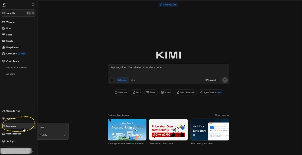 Kimi K2.5 браузерная версия. Настройка языка