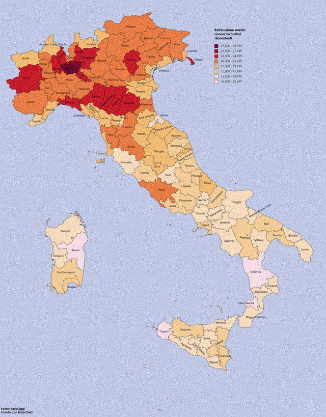 Карта Италии по средней зарплате: видно, как страна делится на Север и Юг