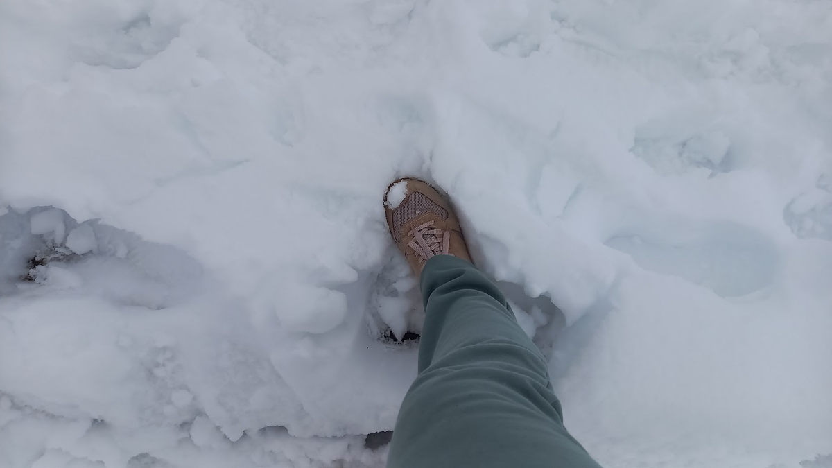 Моя нога около памятника российско-грузинской дружбы, там в горах в апреле тоже было много снега