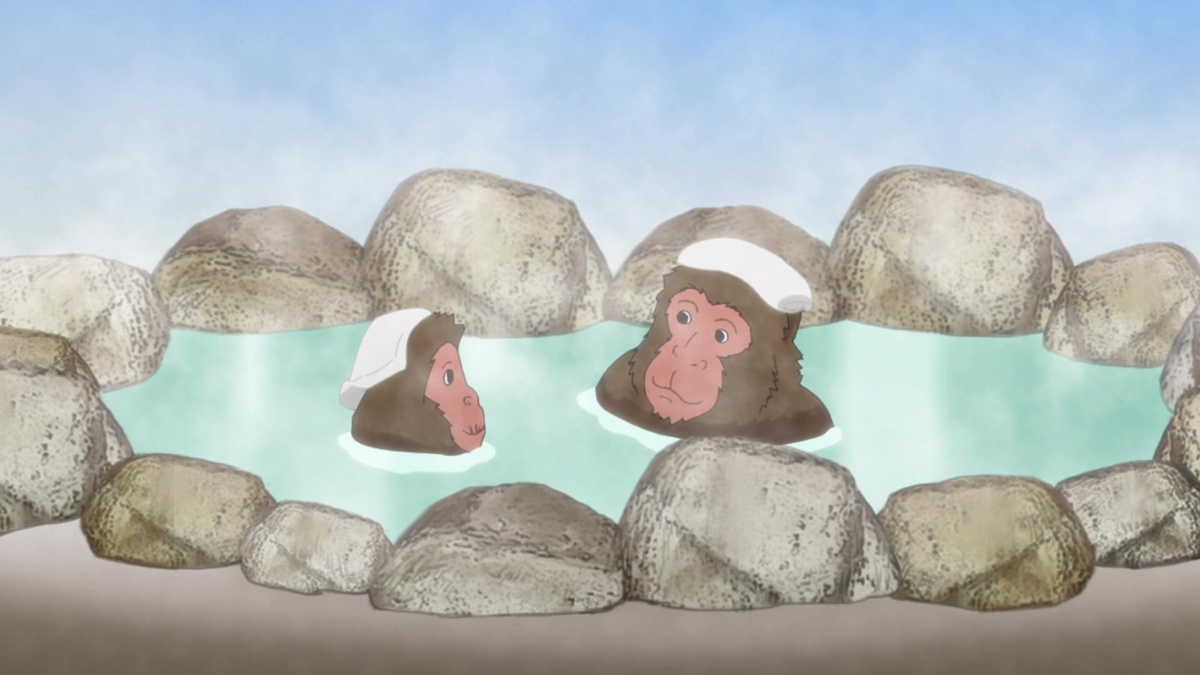 Снежные обезьяны наслаждаются горячими источниками. «Лагерь на свежем воздухе» (Yuru Camp). © C-Station / 8bit / Houbunsha.