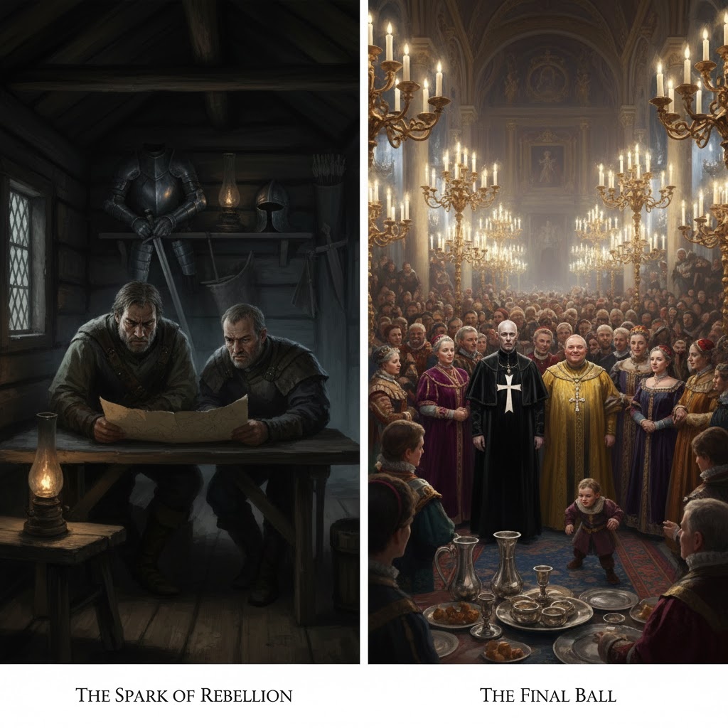 "Контраст Судеб: Последний Бал и Воля к Возмездию", иллюстрация создана сетью Джемини