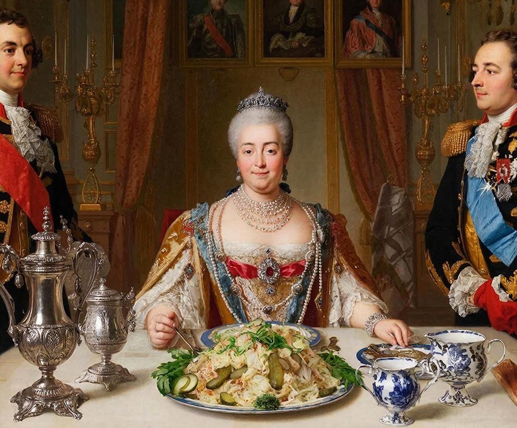 Простой салат из квашеной капусты и солёных огурцов - любимое блюдо императрицы. «Создано с использованием искусственного интеллекта».