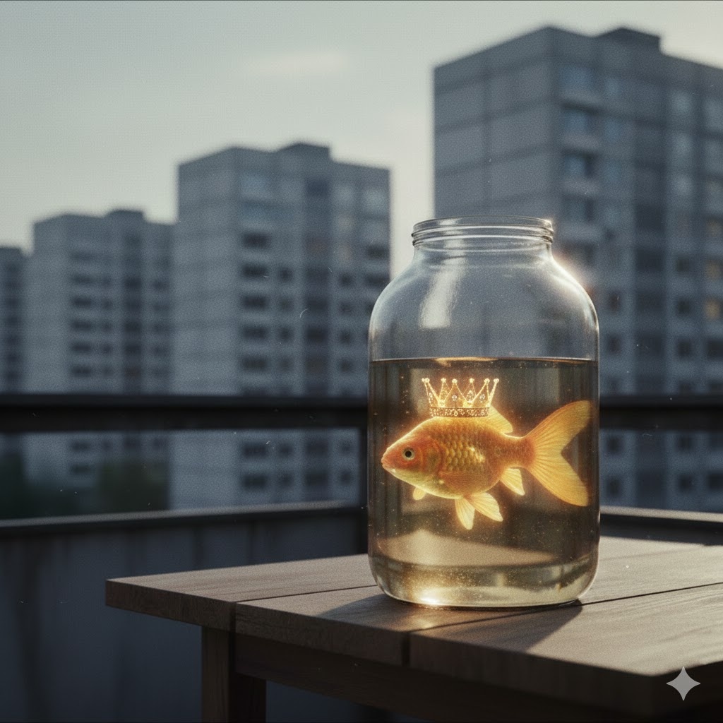 "Лимит на чудеса: Золотая рыбка в трехлитровой банке", иллюстрация создана сетью Джемини