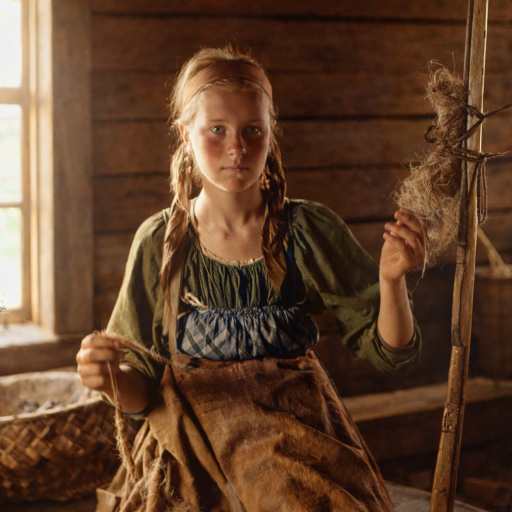 Крестьянка за работой на донице в деревянной избе