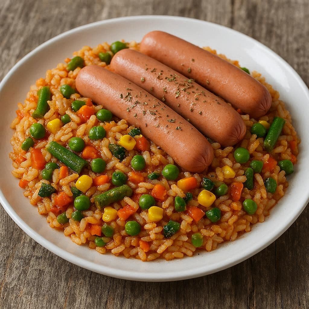 Рис с овощами и сосиськами