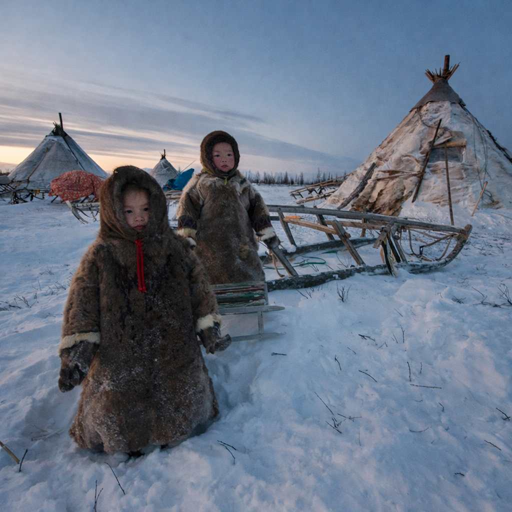 Ненецкая семья с чумом в тундре Ямала зимой
