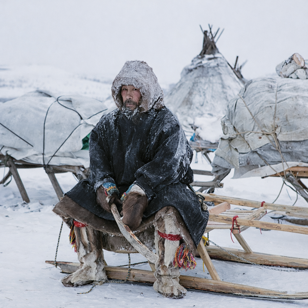 Ненец-оленевод в традиционной малице на нартах