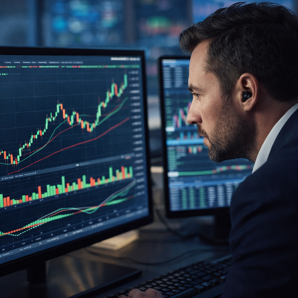 Биржевой трейдер смотрит на экран с графиками акций