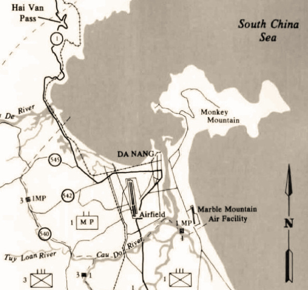 Дананг, Манки-Маунтин и окрестности. Карта из книги Джека Шулимсона «U.S. Marines in Vietnam: An Expanding War, 1966».
