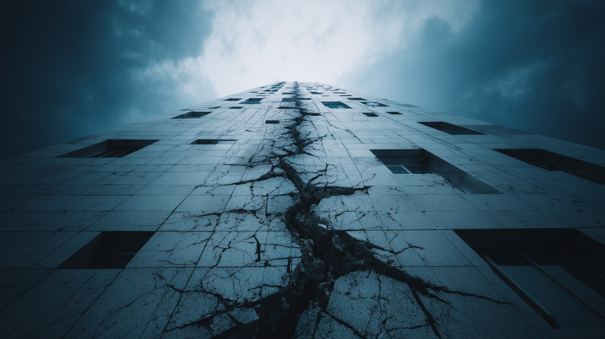Массивное здание выглядит устойчивым и цельным, но внутри уже появились трещины. Внешний рост и масштаб скрывают внутреннюю перегрузку системы — именно так бизнес может увеличиваться в цифрах, одновременно теряя устойчивость и управляемость.