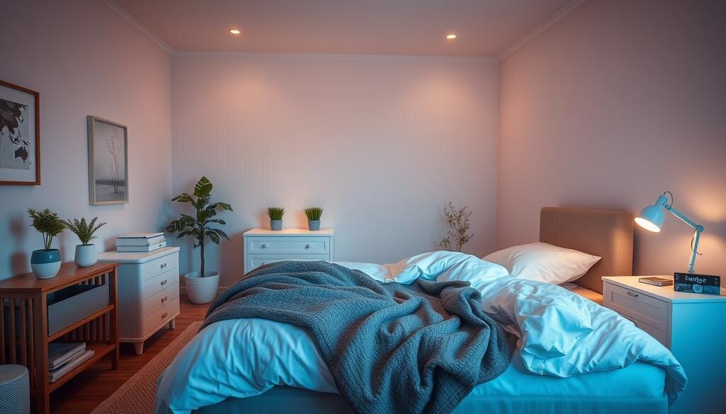    Серene bedroom with calming colors and minimal light