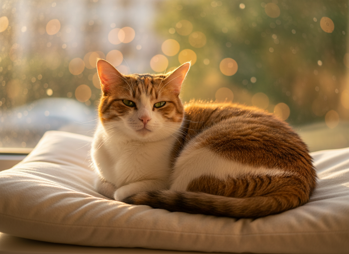 Расслабленная кошка сидит на окне с приоткрытыми глазами, выражая спокойствие и безопасность.