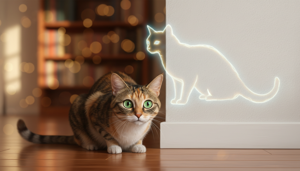 Домашняя кошка внимательно смотрит на пустую стену, напрягаясь и проявляя любопытство.