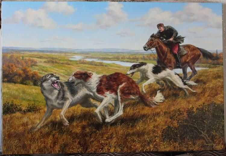 Охота на волков с борзыми. Картина современного художника, который, очевидно, писал борзых с натуры, не задумываясь о том, что его модели - легкие собаки для охоты на зайца и лисицу, а не волкодавы. Борзые-волкодавы огромные и с очень мощным костяком. Зато верно, что на охотнике нет никакого оружия - по традиции, в волка не стреляли, а засекали его плетью с седла.