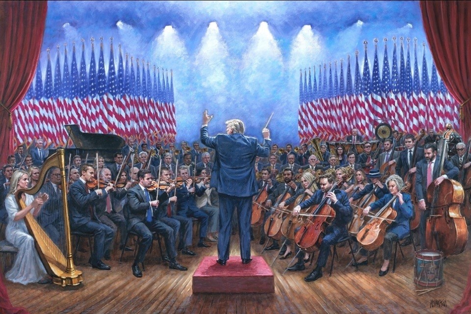    Вэнс с виолончелью и Ливитт на арфе: Трамп показал картину, где он — дирижер MAGA-оркестра