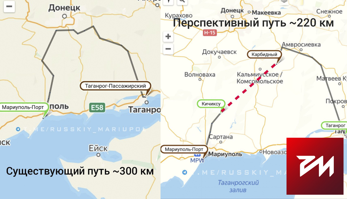Инфографика «Русского Мариуполя» от 8 января 2024 года после анонса правительством ДНР строительства новой ветки со сравнением существующего и перспективного пути через станции Кичику и Карбидный из Таганрога в Мариуполь, который стал короче на 80 км.