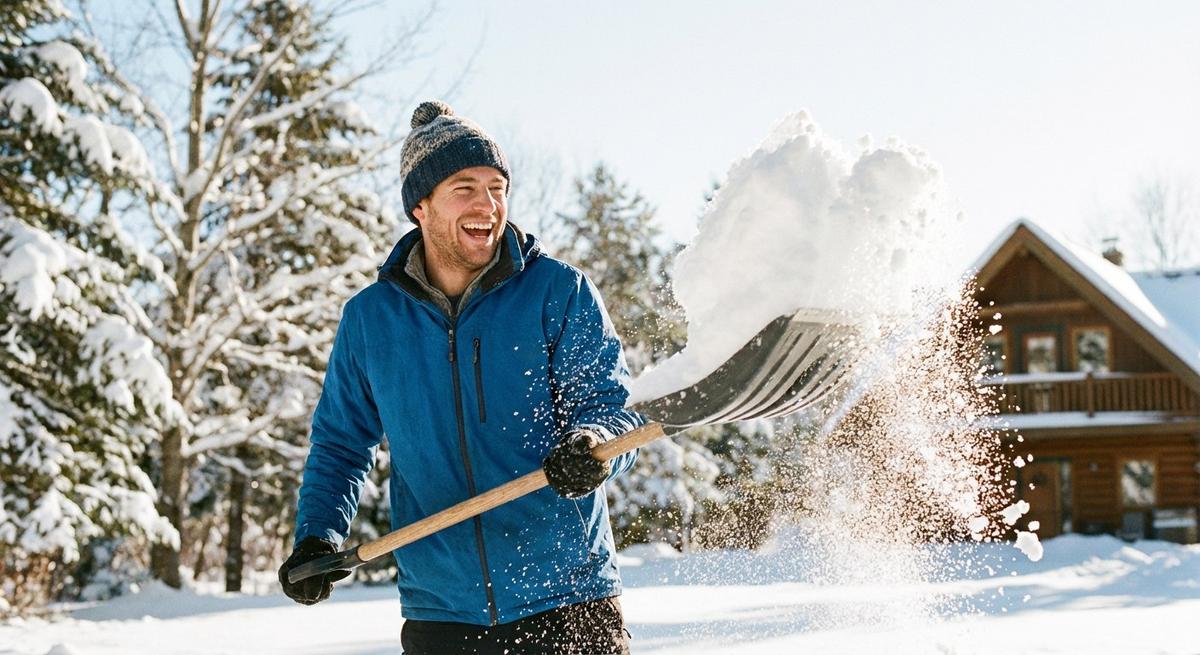 Работа лопатой включает в работу сразу несколько крупных групп мышц. Изображение: ИИ Nano Banana
