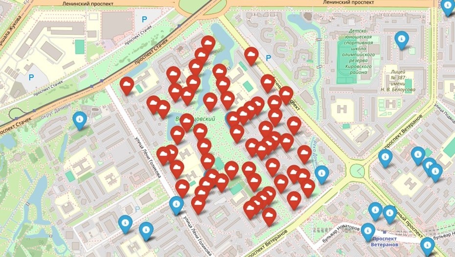 Автор фото: maps.gks3kir.ru. Карта отключений теплоснабжения в Кировском районе Петербурга, 30 января 2026 года.