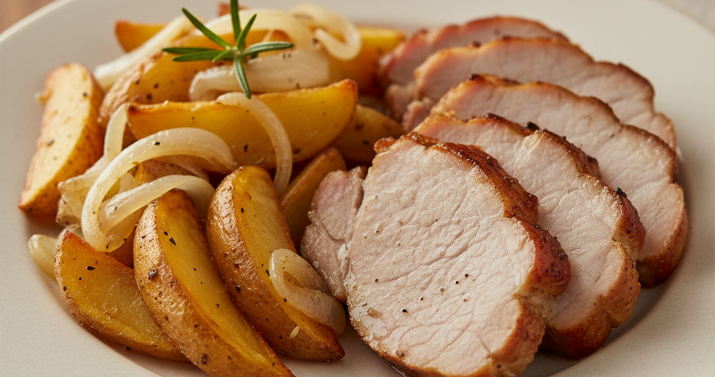Запеченная свинина с картошкой и луком: простой рецепт для сочного мяса и румяных овощей