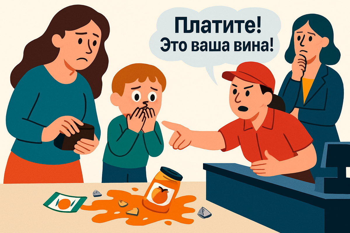 «Дзынь! — и банка персиков вдребезги. Кассир требует оплатить, а я не хочу»