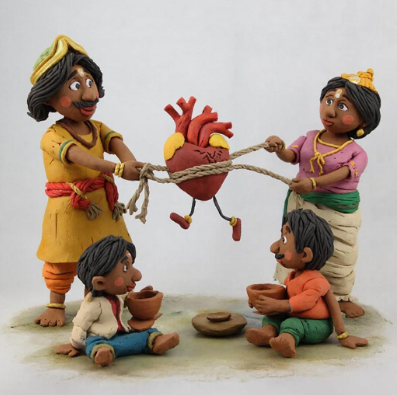 Два  персонажа Бхаса и Виласа играют в перетягивание сердца, которое внезапно уходит само по себе, оставляя их в недоумении. Они садятся пить чай из глиняной чашечки.