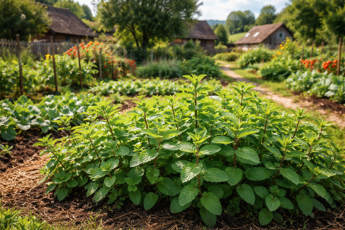 Перечная мята растет в огороде 
