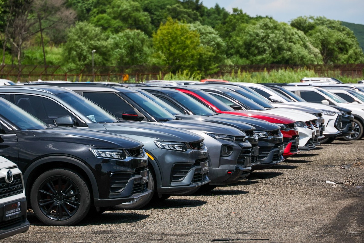    Легковые автомобили на площадке в Суйфэньхэ для накопления и отправки в Россию